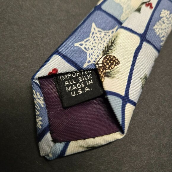 Museum Of Fine Arts Boston Winter Silk Tie Pinecones Snowflakes Blue White - Picture 4 of 6